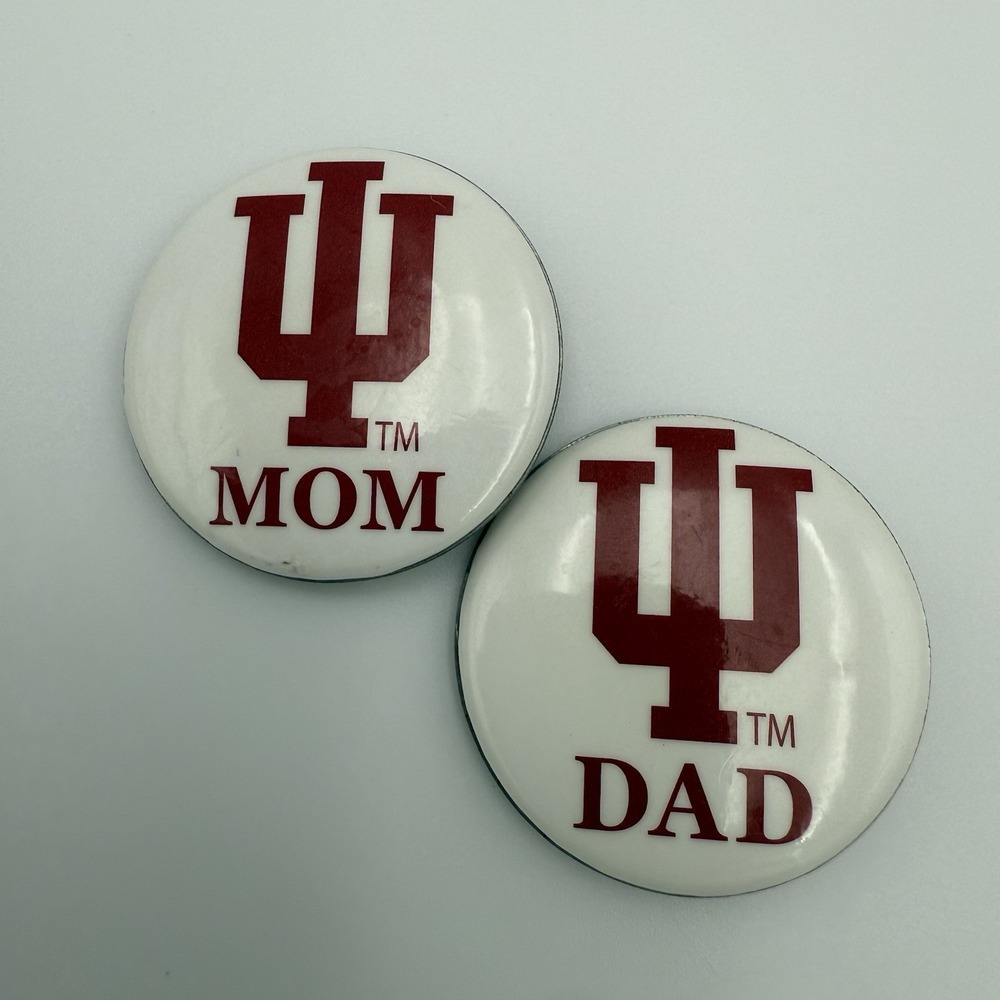 Vtg Indiana Hoosiers Pin Back Buttons 1.5 in Proud Mom Dad Football Basketball - Picture 1 of 7